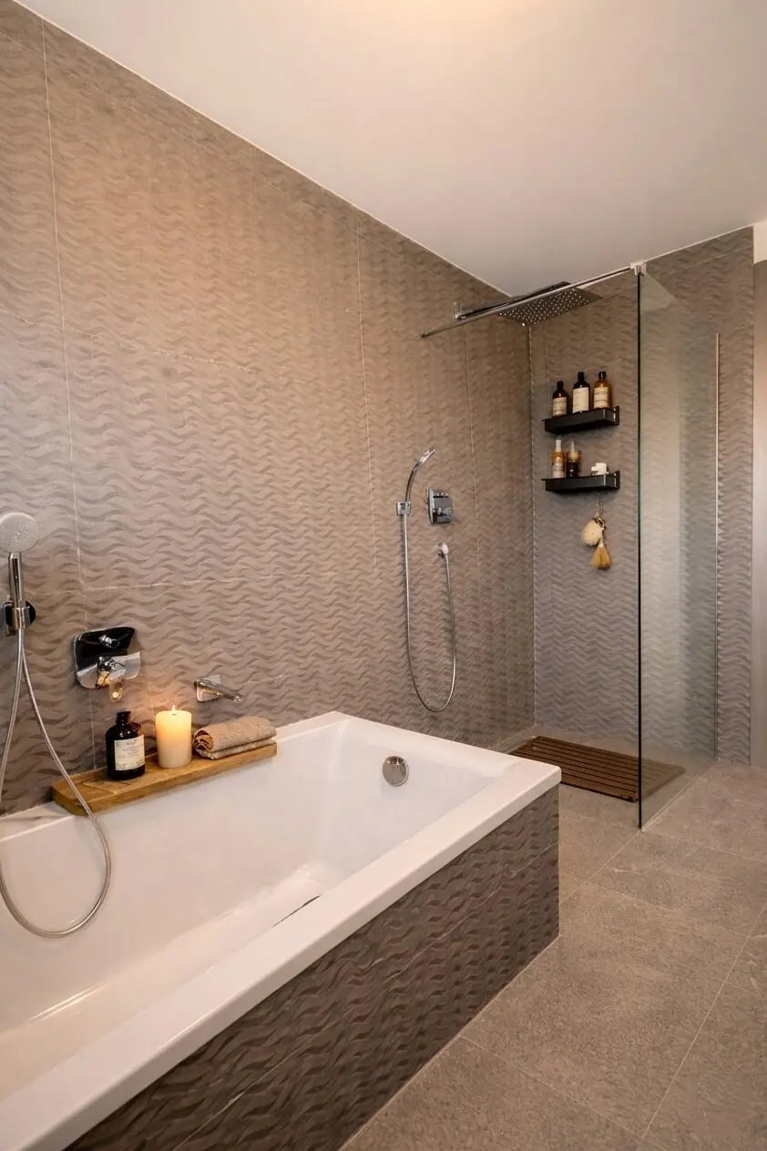 Bad mit deckenhohen Strukturfliesen von Porcelanosa