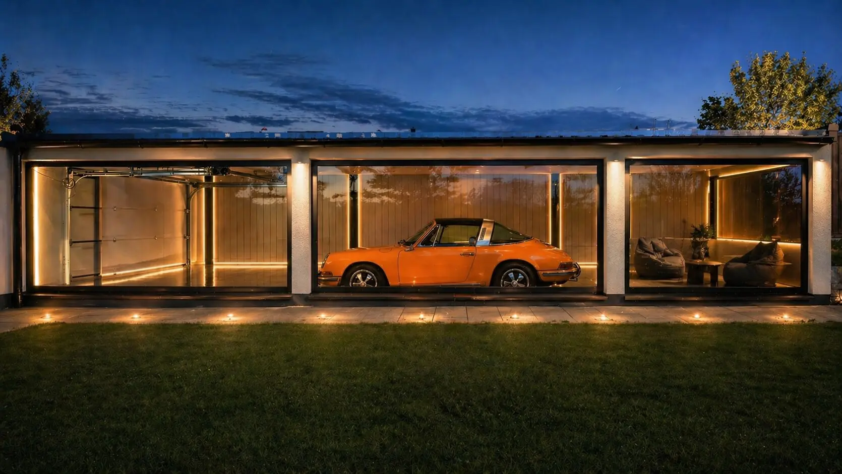 Verglaste Showroom-Garage, nachts wie eine Vitrine beleuchtet