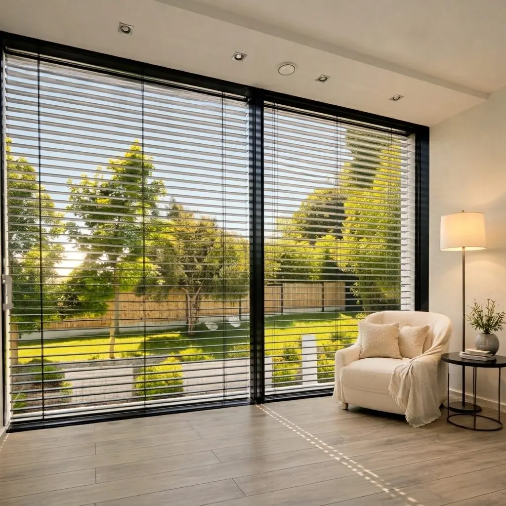 Ruhig proportioniertes Schlafzimmer mit Gartenblick